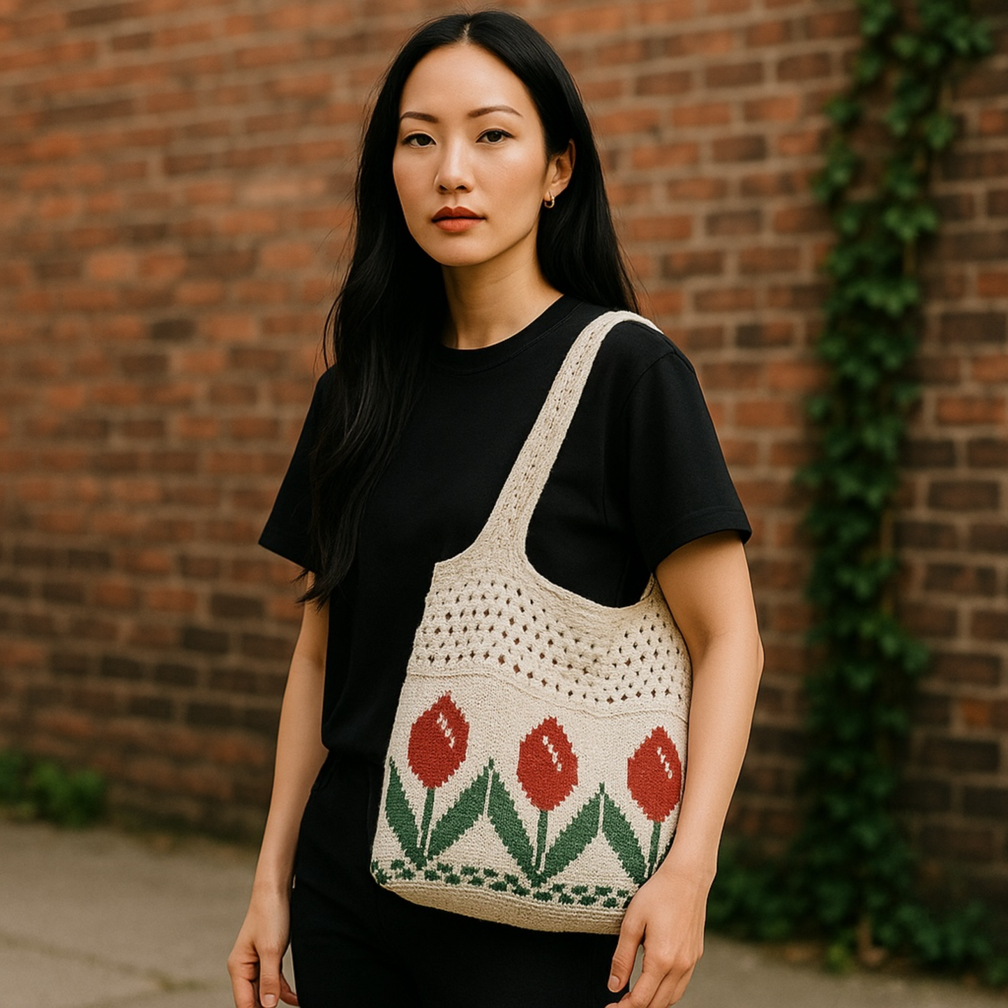 Crochet Beach Knitted Tote Bag - Vintage Bohemian Style Tulip Flower bag