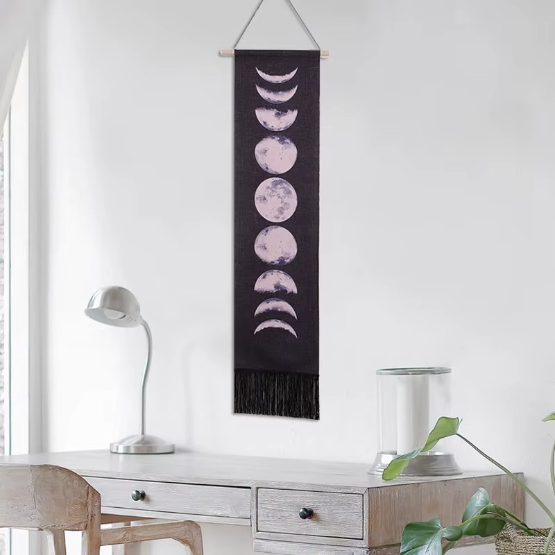 Handmade Moon Phase Wall Hanging Tapestry – Black or White