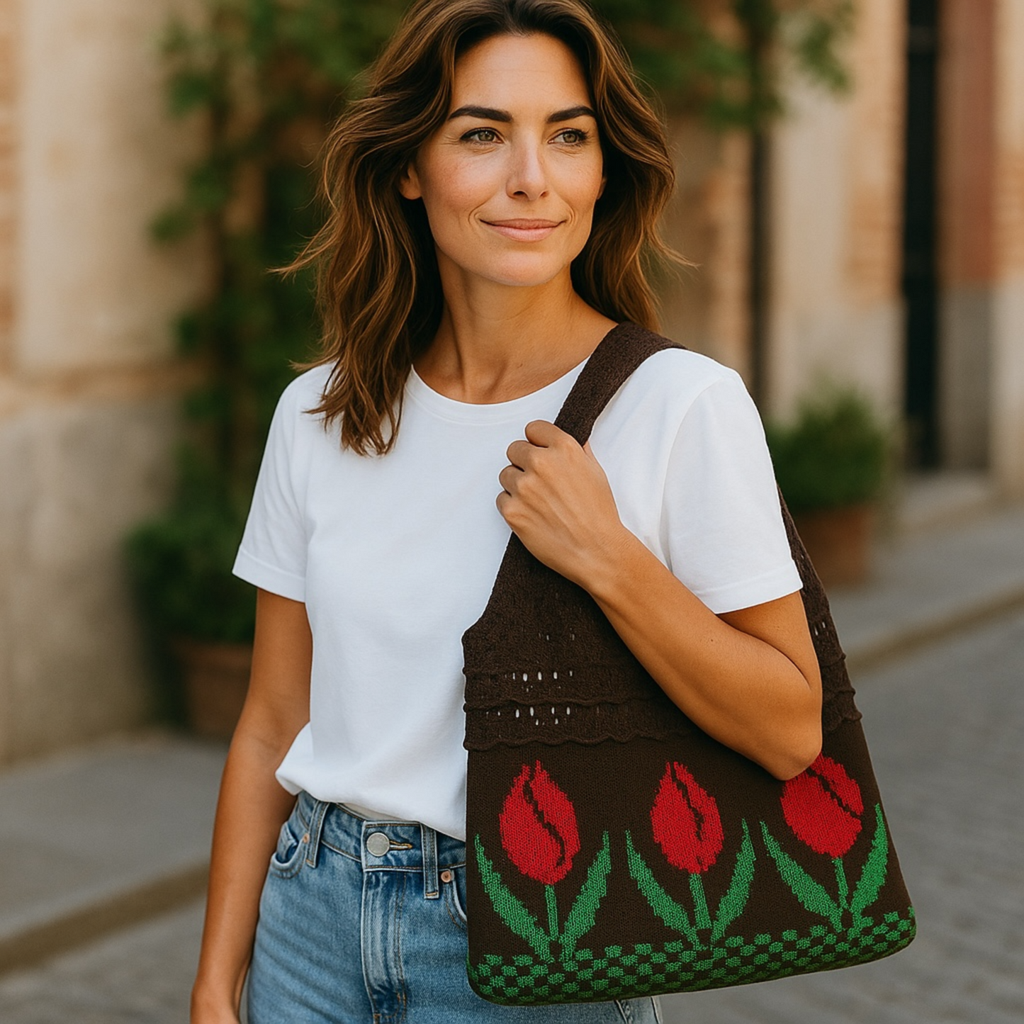 Crochet Beach Knitted Tote Bag - Vintage Bohemian Style Tulip Flower bag