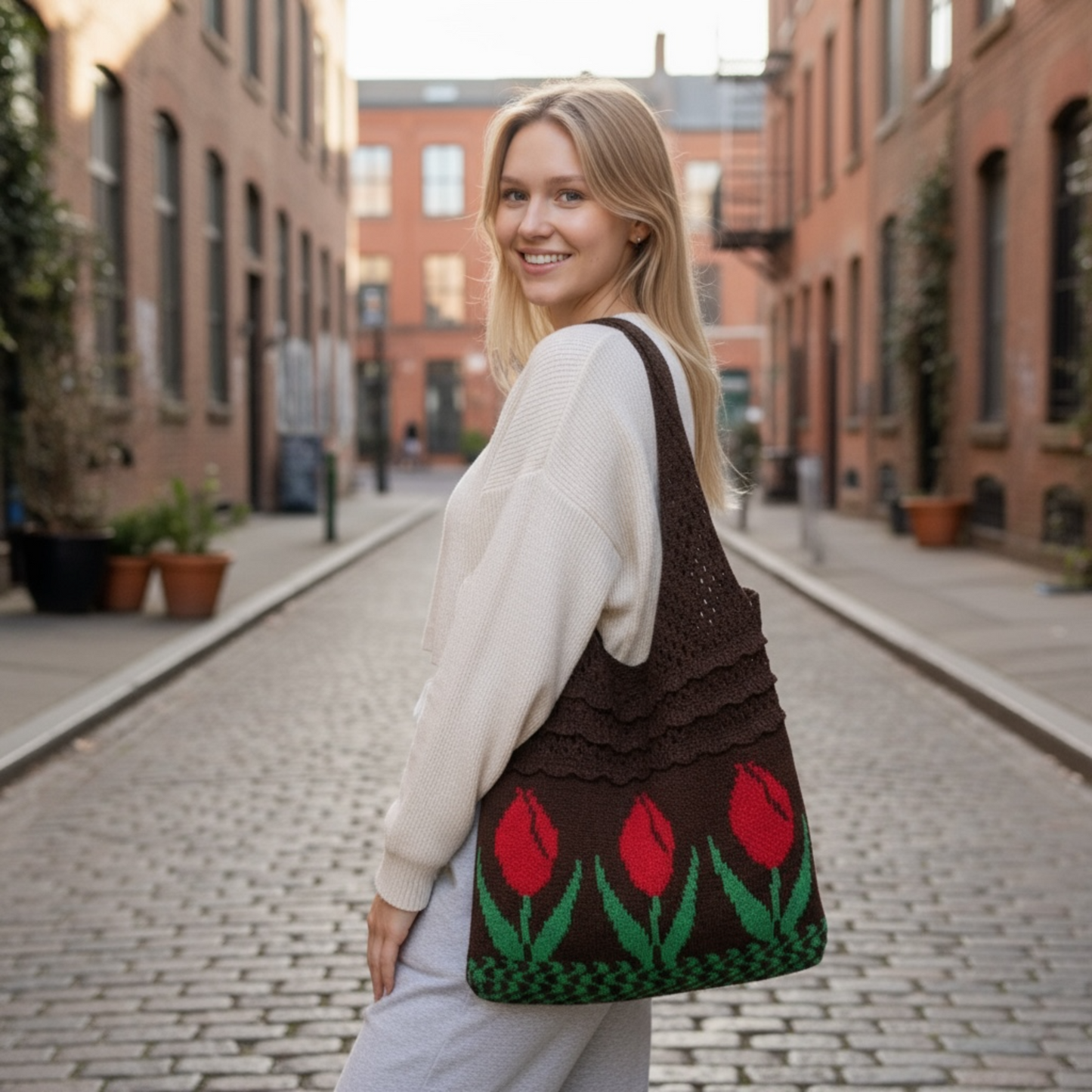 Aesthetic Hippie Crochet Beach Knitted Tote Bag with Boho Tulip Flower | Bohemian Summer Shoulder Tote