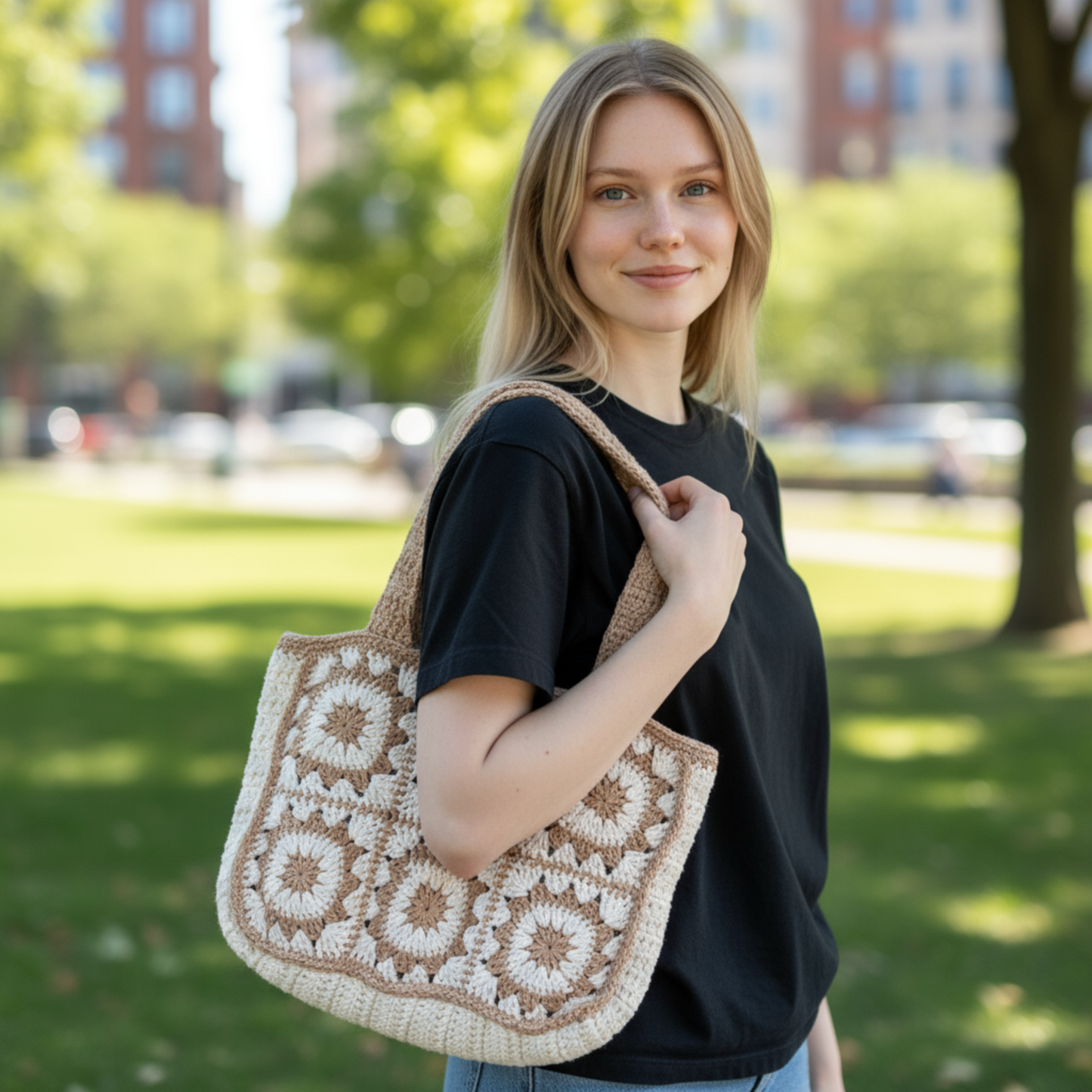 Handmade Crochet Tote Bag – Boho Cotton Yarn Shoulder Bag for Women