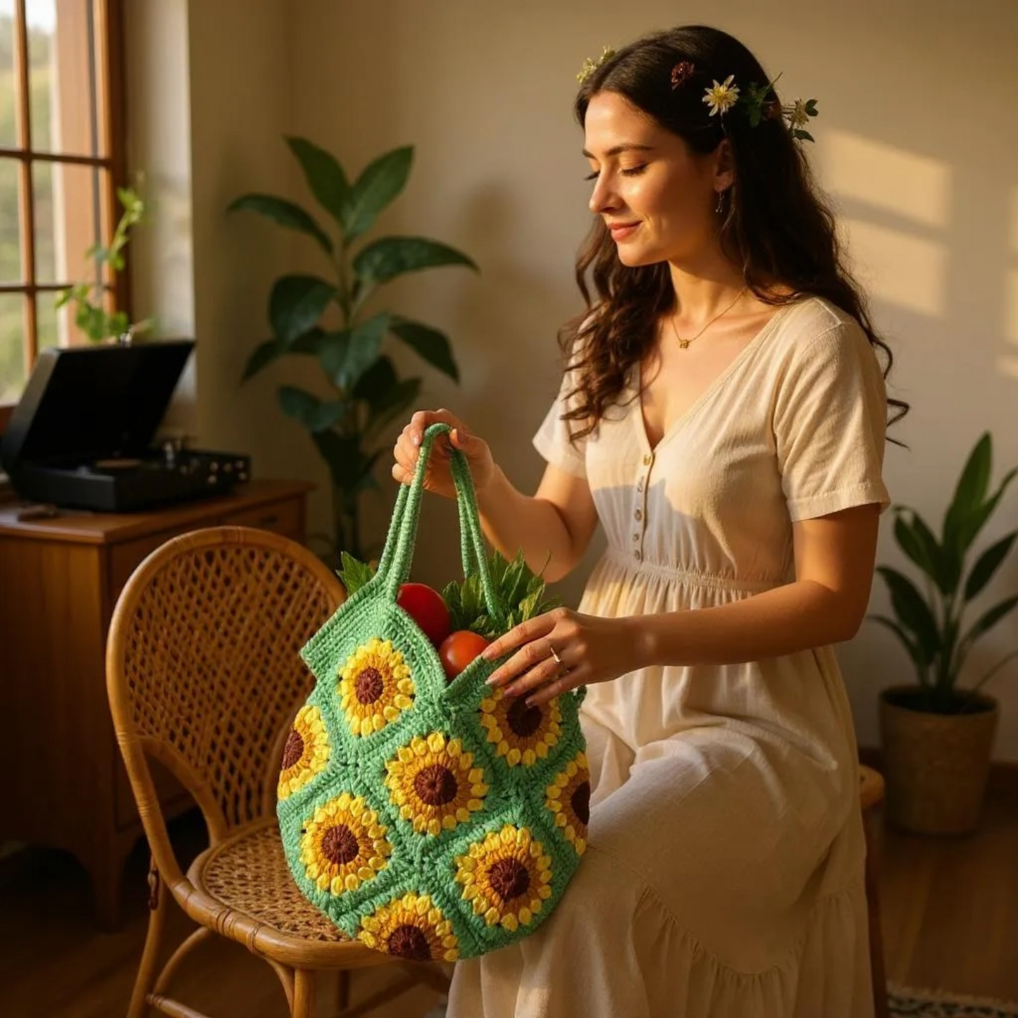 Handwoven Sunflower Bag - Boho Tote for Women