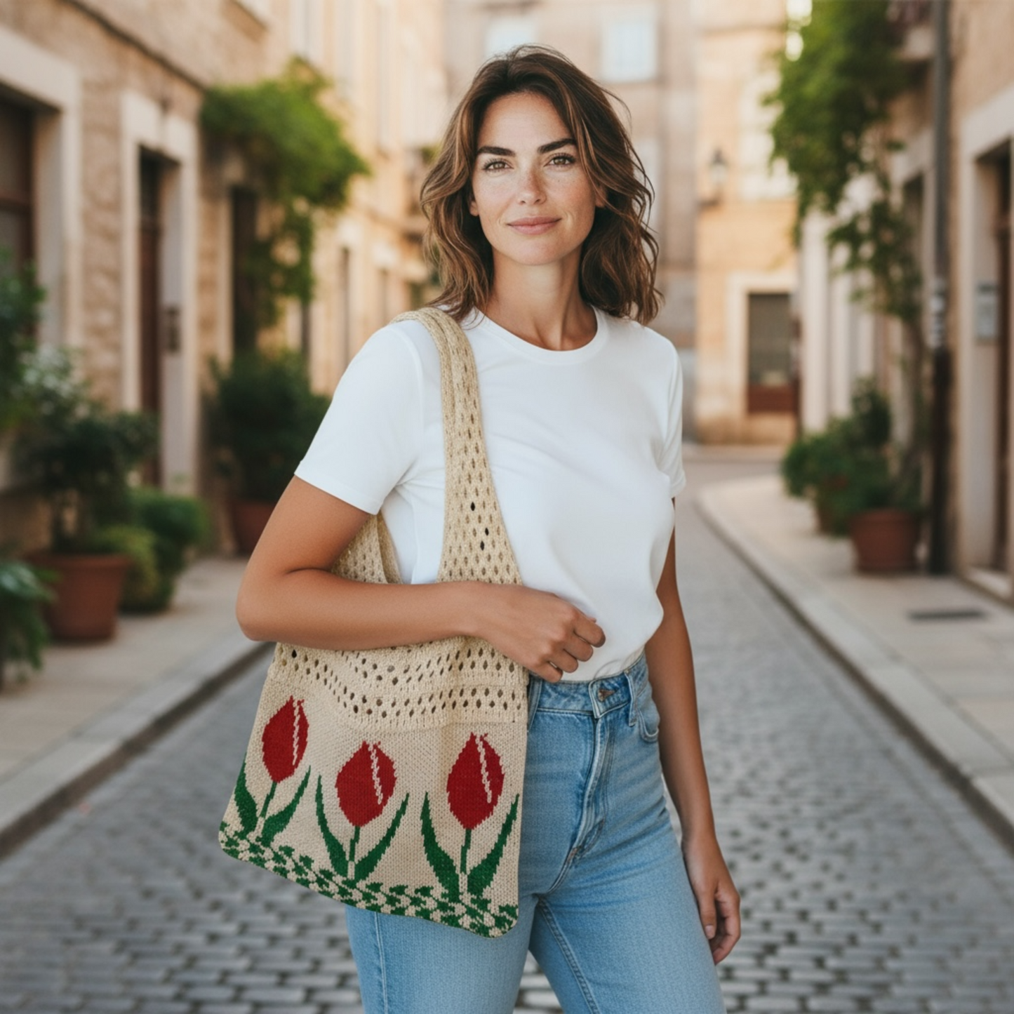 Aesthetic Hippie Crochet Beach Knitted Tote Bag with Boho Tulip Flower | Bohemian Summer Shoulder Tote