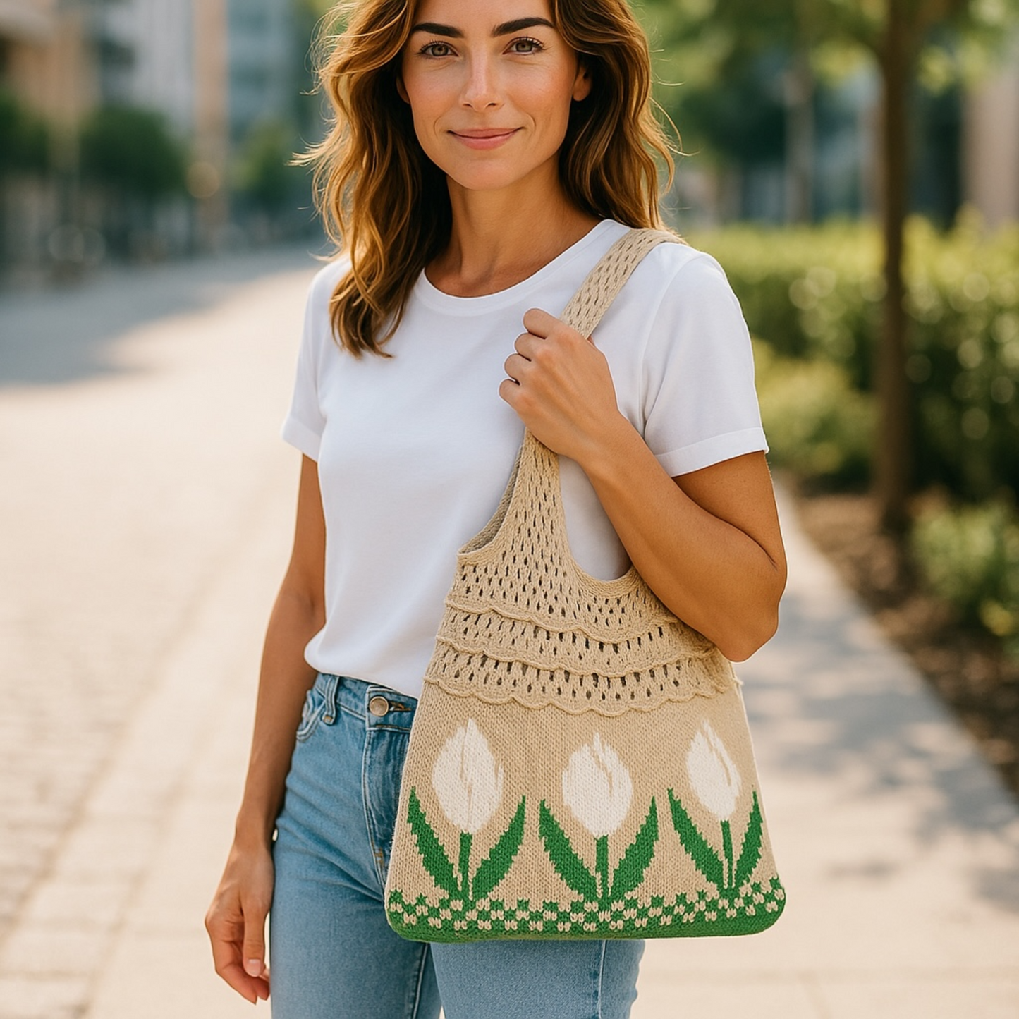Crochet Beach Knitted Tote Bag - Vintage Bohemian Style Tulip Flower bag