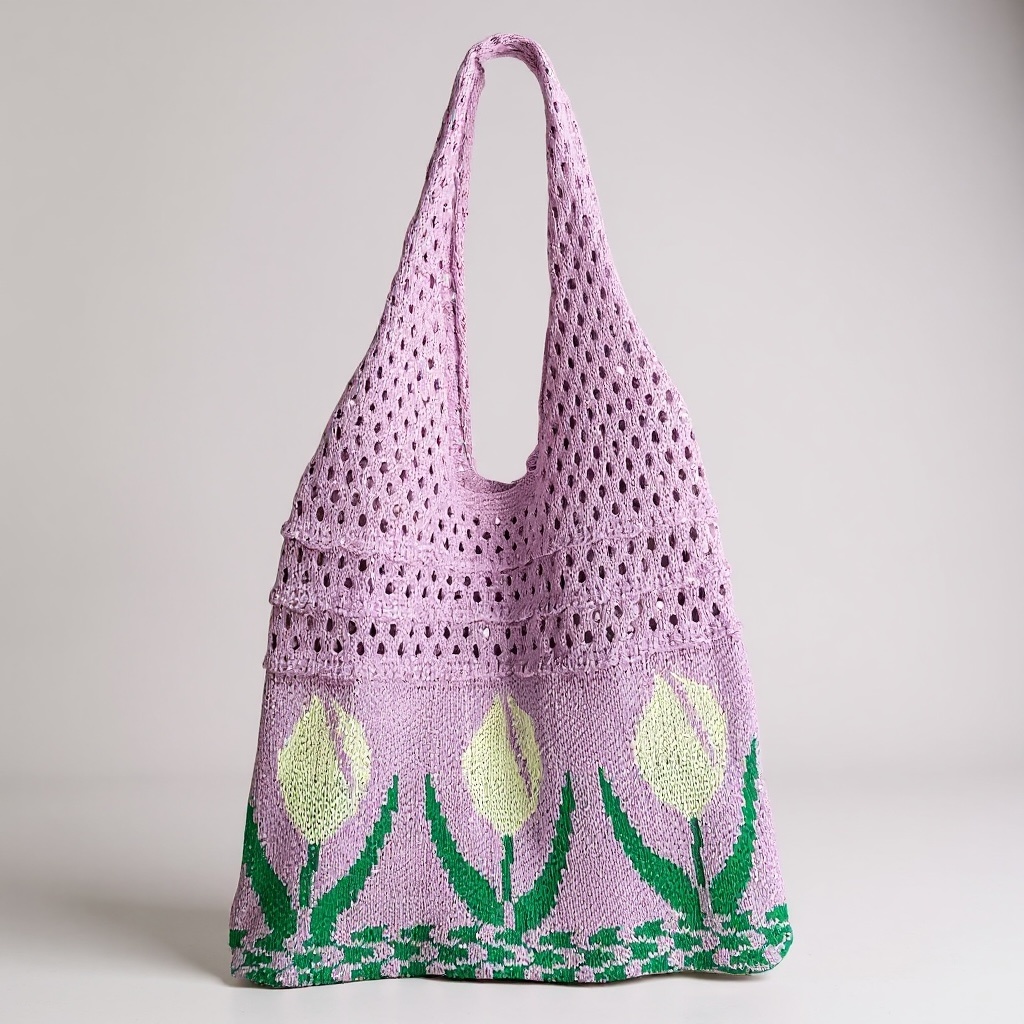 Aesthetic Hippie Crochet Beach Knitted Tote Bag with Boho Tulip Flower | Bohemian Summer Shoulder Tote