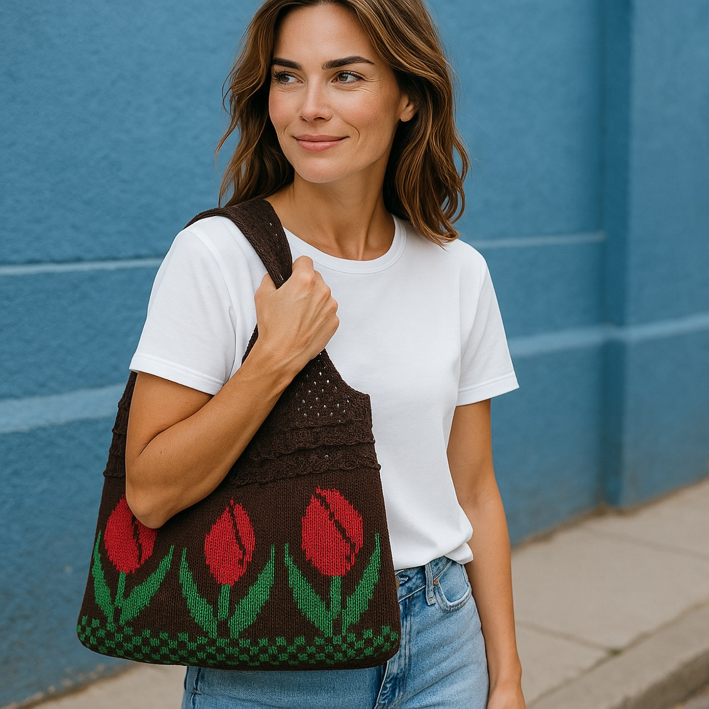 Crochet Beach Knitted Tote Bag - Vintage Bohemian Style Tulip Flower bag