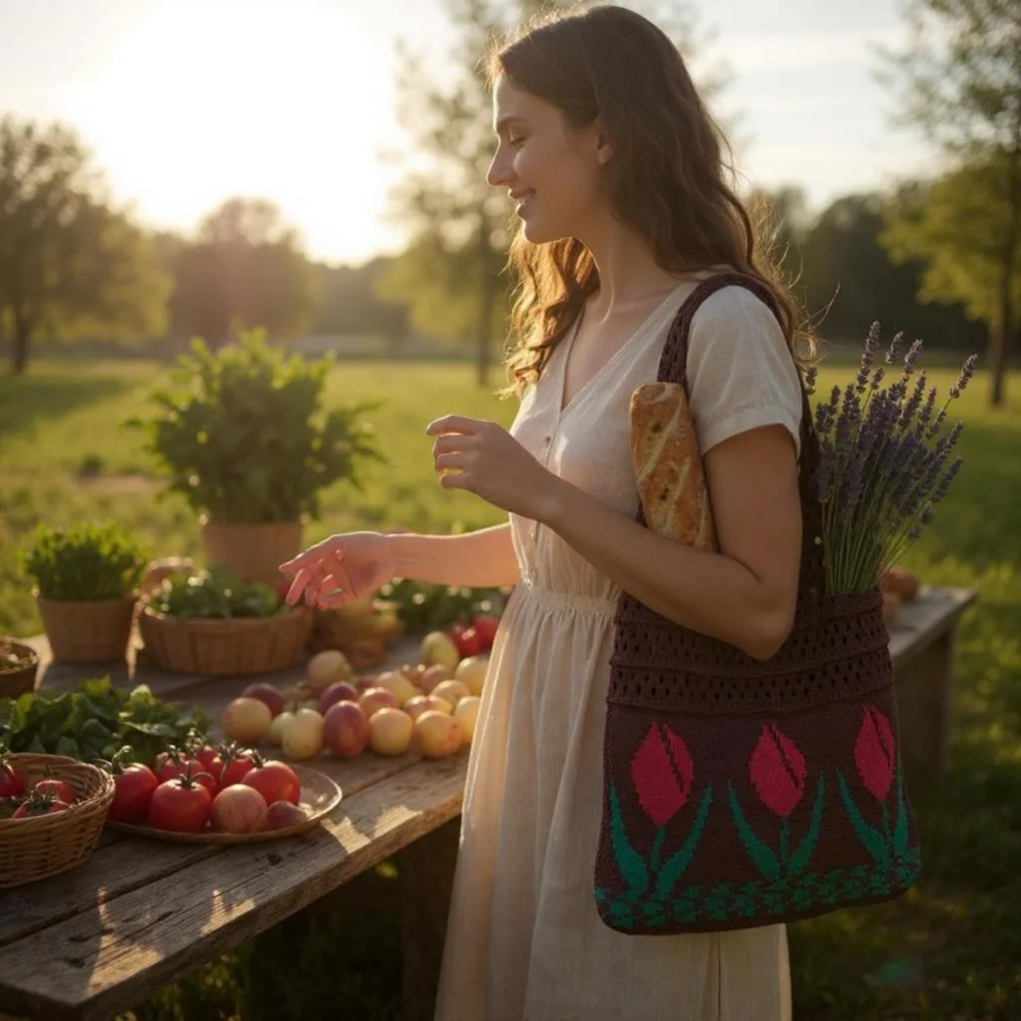 Crochet Beach Knitted Tote Bag - Vintage Bohemian Style Tulip Flower bag