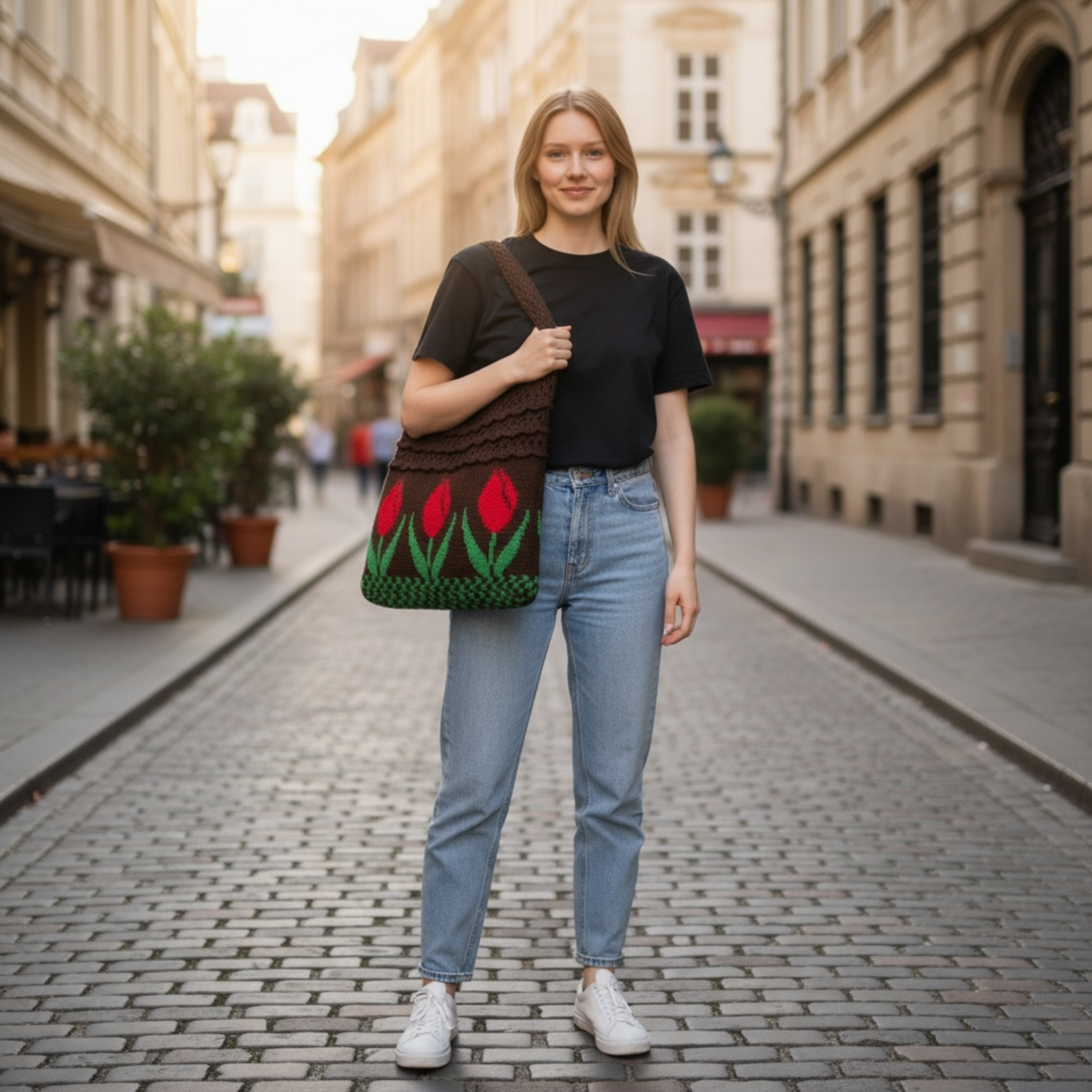 Aesthetic Hippie Crochet Beach Knitted Tote Bag with Boho Tulip Flower | Bohemian Summer Shoulder Tote