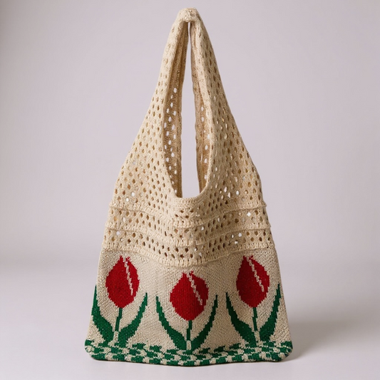 Aesthetic Hippie Crochet Beach Knitted Tote Bag with Boho Tulip Flower | Bohemian Summer Shoulder Tote