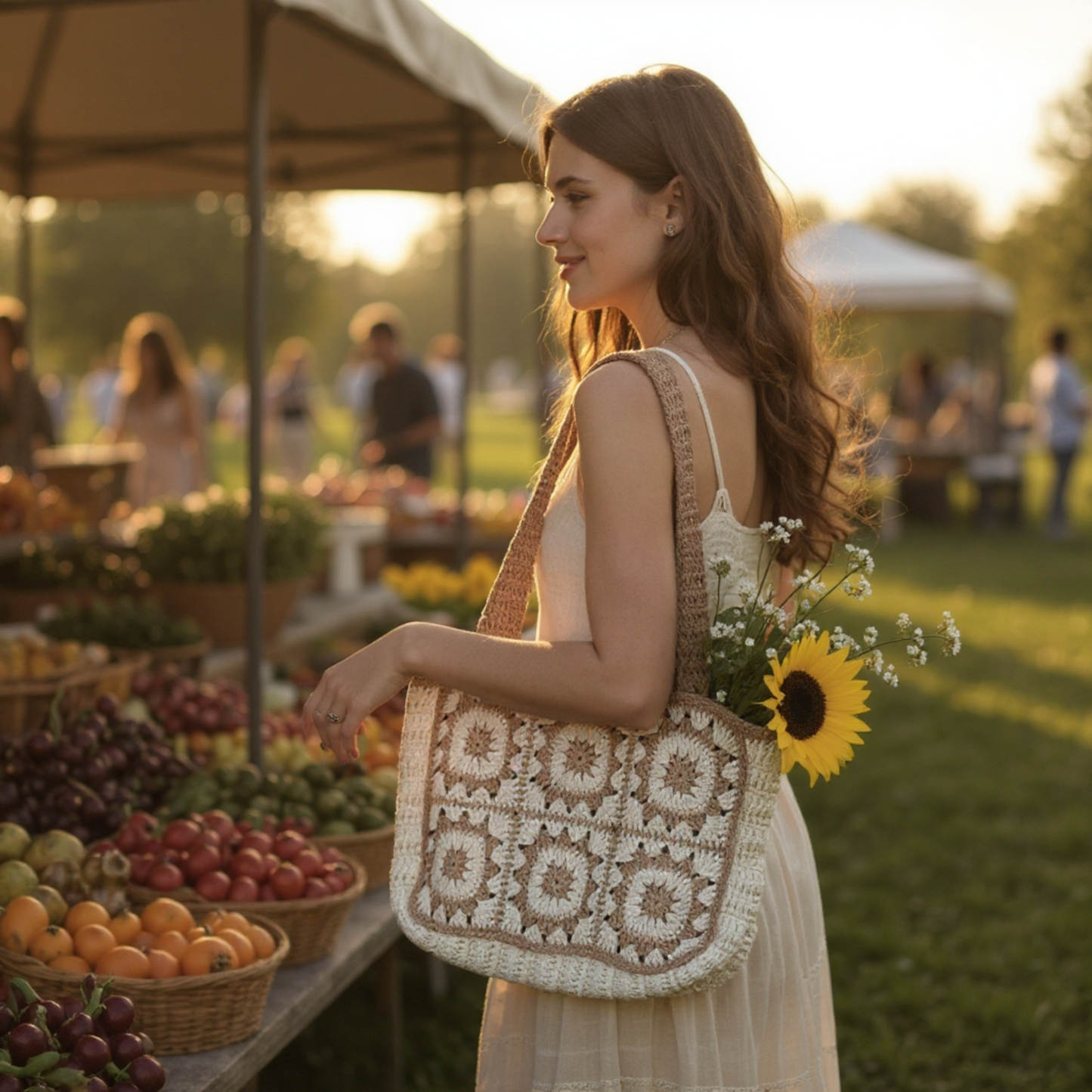 Handmade Crochet Tote Bag – Boho Cotton Yarn Shoulder Bag for Women