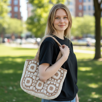 Handmade Crochet Tote Bag – Boho Cotton Yarn Shoulder Bag for Women