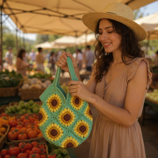 Handwoven Sunflower  Bag - Boho Shoulder Tote for Women