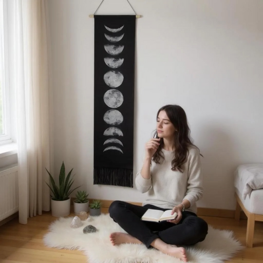 Handmade Moon Phase Wall Hanging Tapestry – Black or White