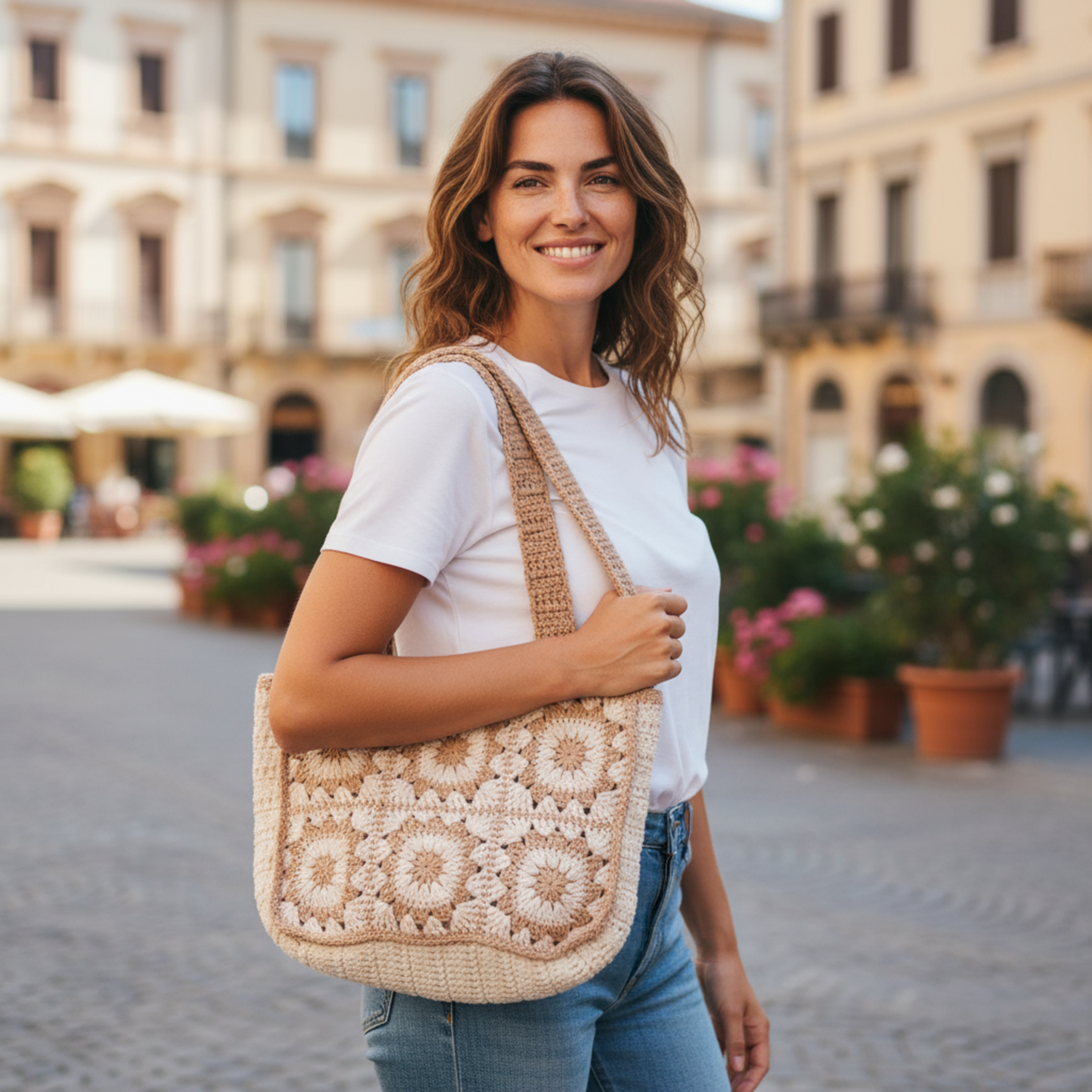 Handmade Crochet Tote Bag – Boho Cotton Yarn Shoulder Bag for Women