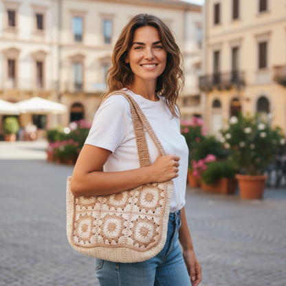 Handmade Crochet Tote Bag – Boho Cotton Yarn Shoulder Bag for Women