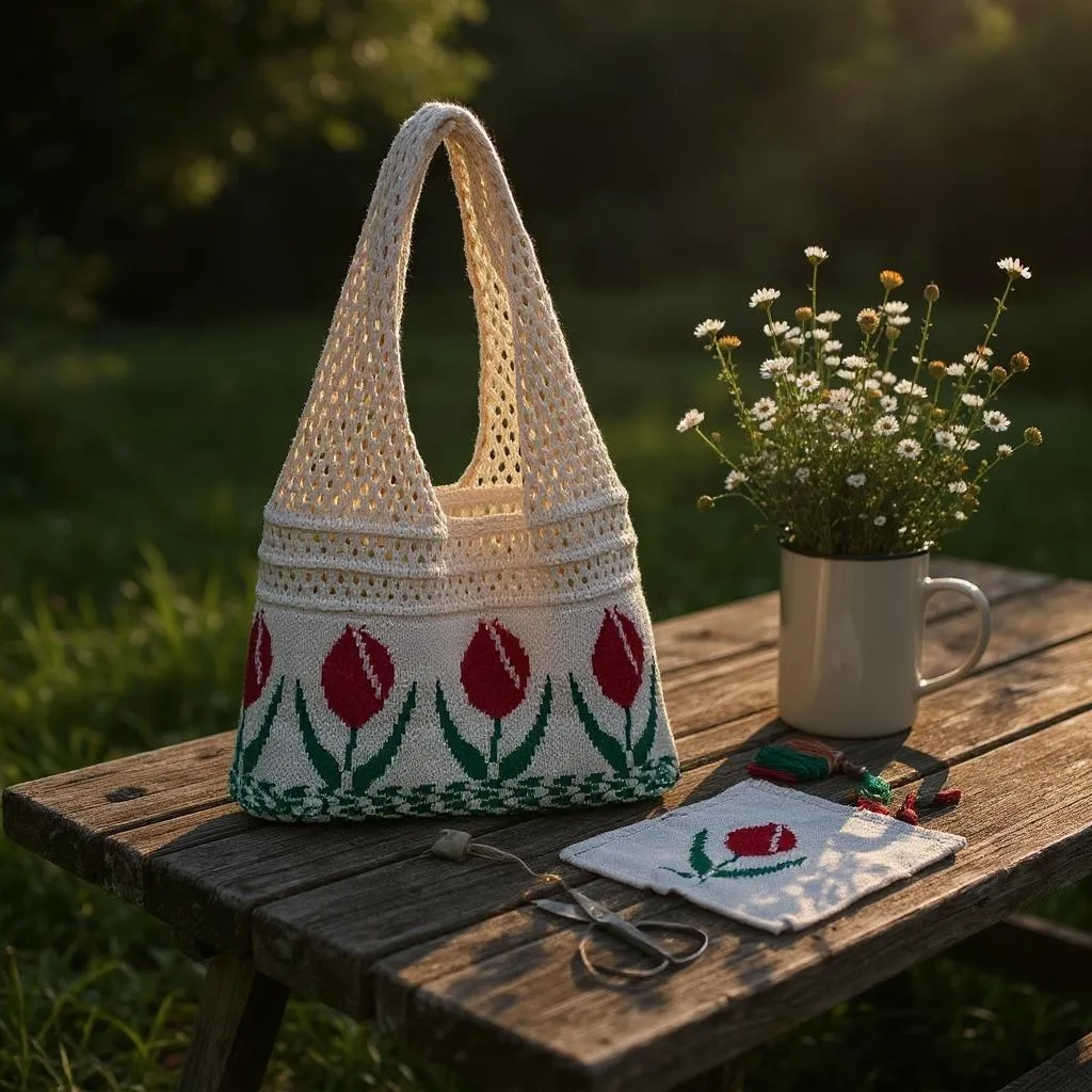 Crochet Beach Knitted Tote Bag - Vintage Bohemian Style Tulip Flower bag