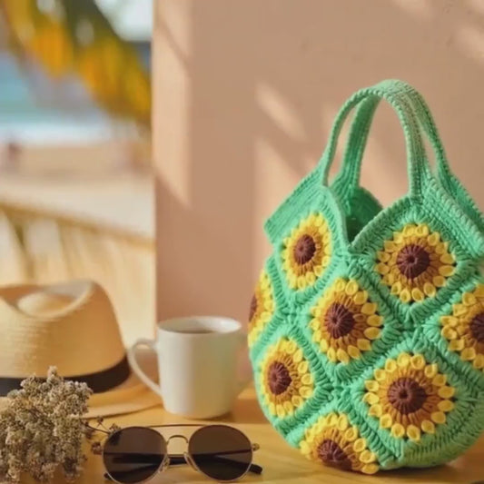 Handmade Sunflower Crochet Bag – Boho Cotton Handbag with Short Straps | Twist & Tassel