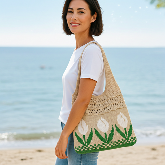 Aesthetic Hippie Crochet Beach Knitted Tote Bag with Boho Tulip Flower | Bohemian Summer Shoulder Tote